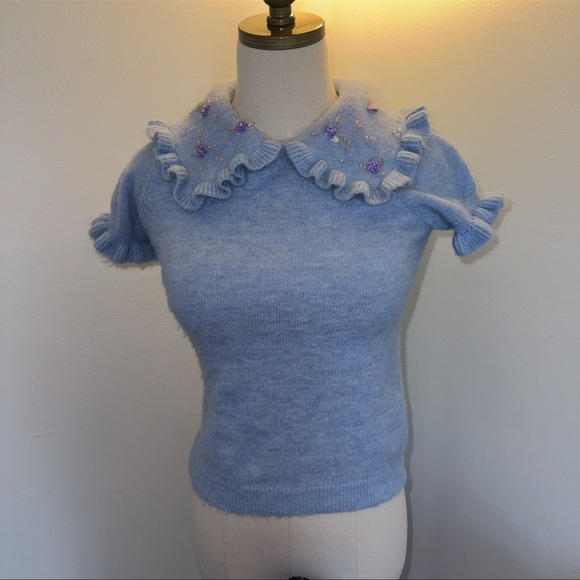 Zara Women’s S Soft Blue Peter Pan Embellished Beaded Collar Knit Sweater Top - Picture 4 of 9